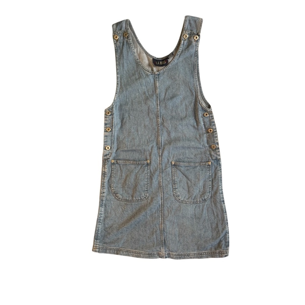 L.A. Blues Light Blue Denim Midi Overall Dress with Pockets and Button Sides